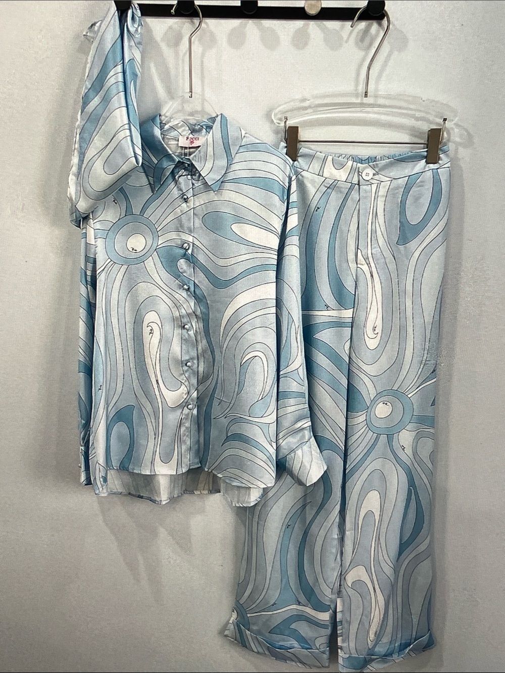 Emilio Pucci Sky Blue and White Swirl Silk Button-Up Blouse - Picture 1 of 9